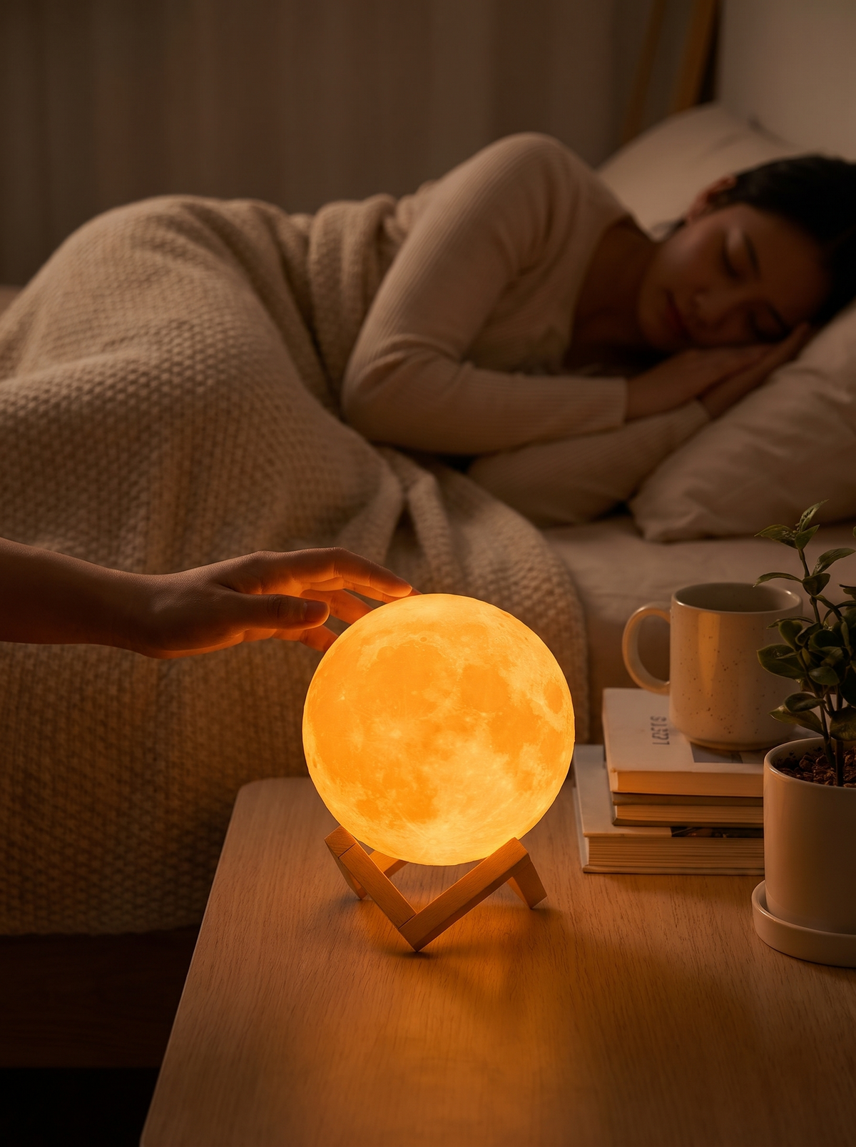 Cordless moon lamp glowing peacefully