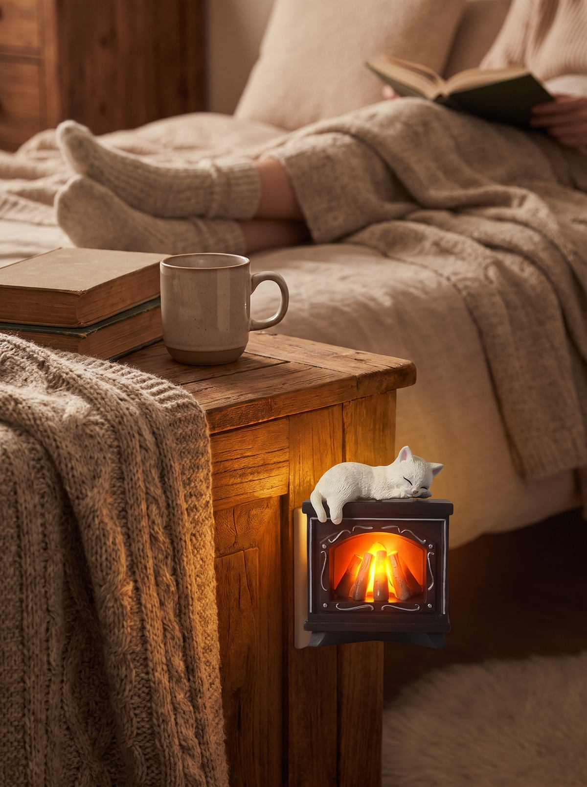 Warm fireplace magnet glow in a winter kitchen