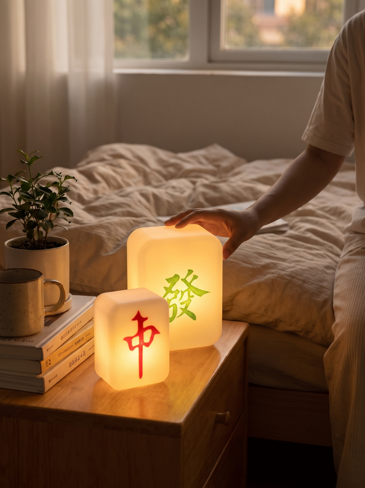 Mahjong tile lamp giving soft light in a bedroom