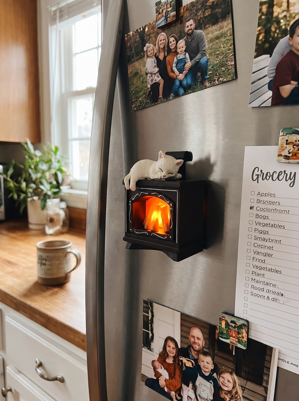 Mini fireplace magnet light glowing on a fridge