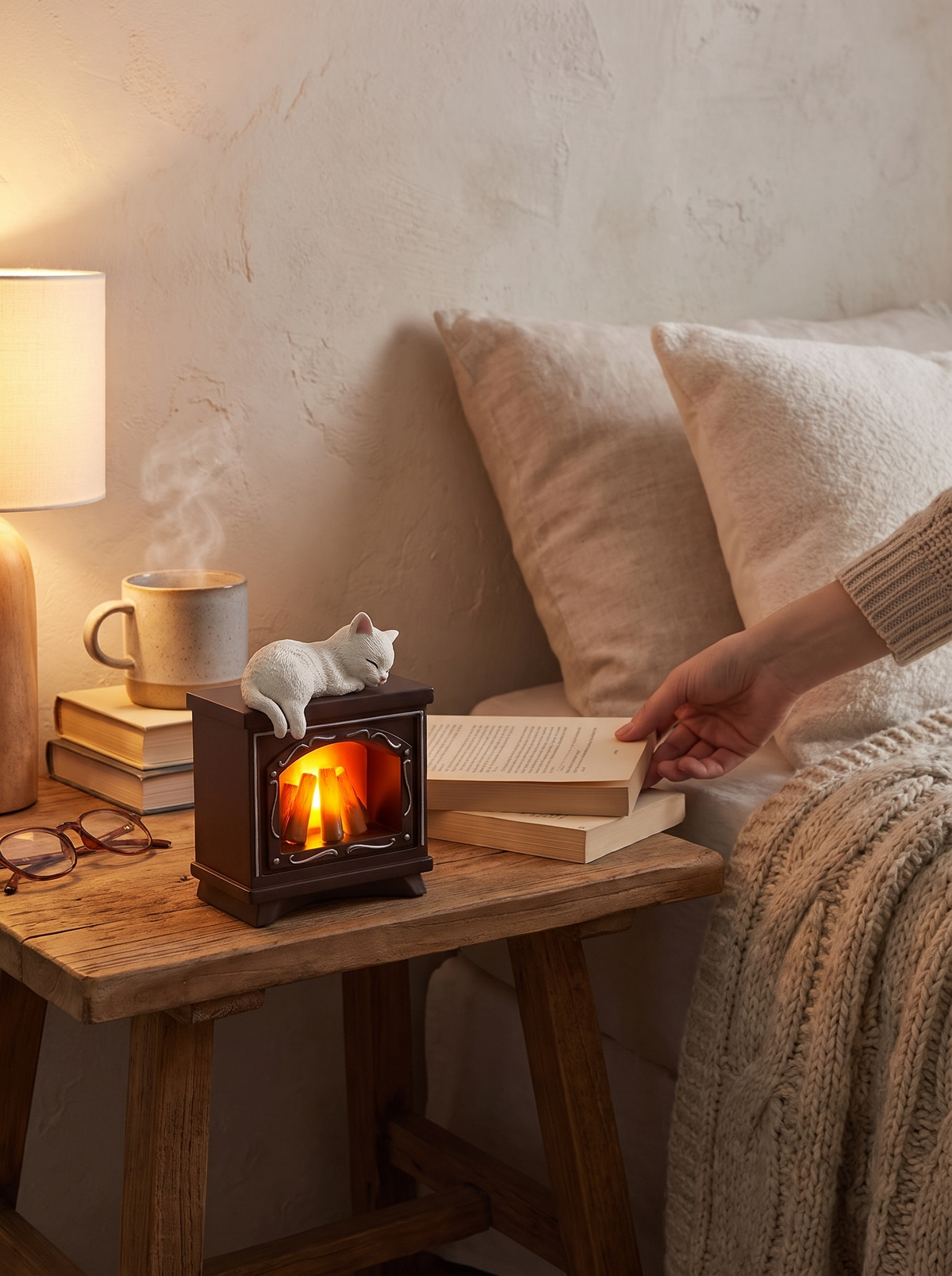 Fireplace magnet light adding cozy charm to a kitchen