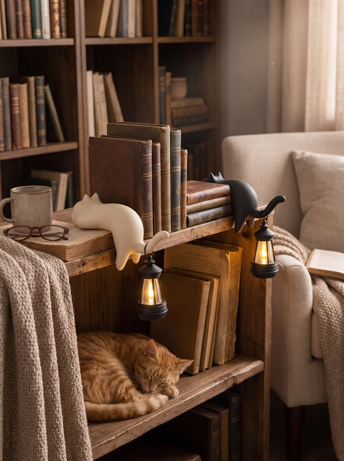 Cat lantern night light on a bookshelf