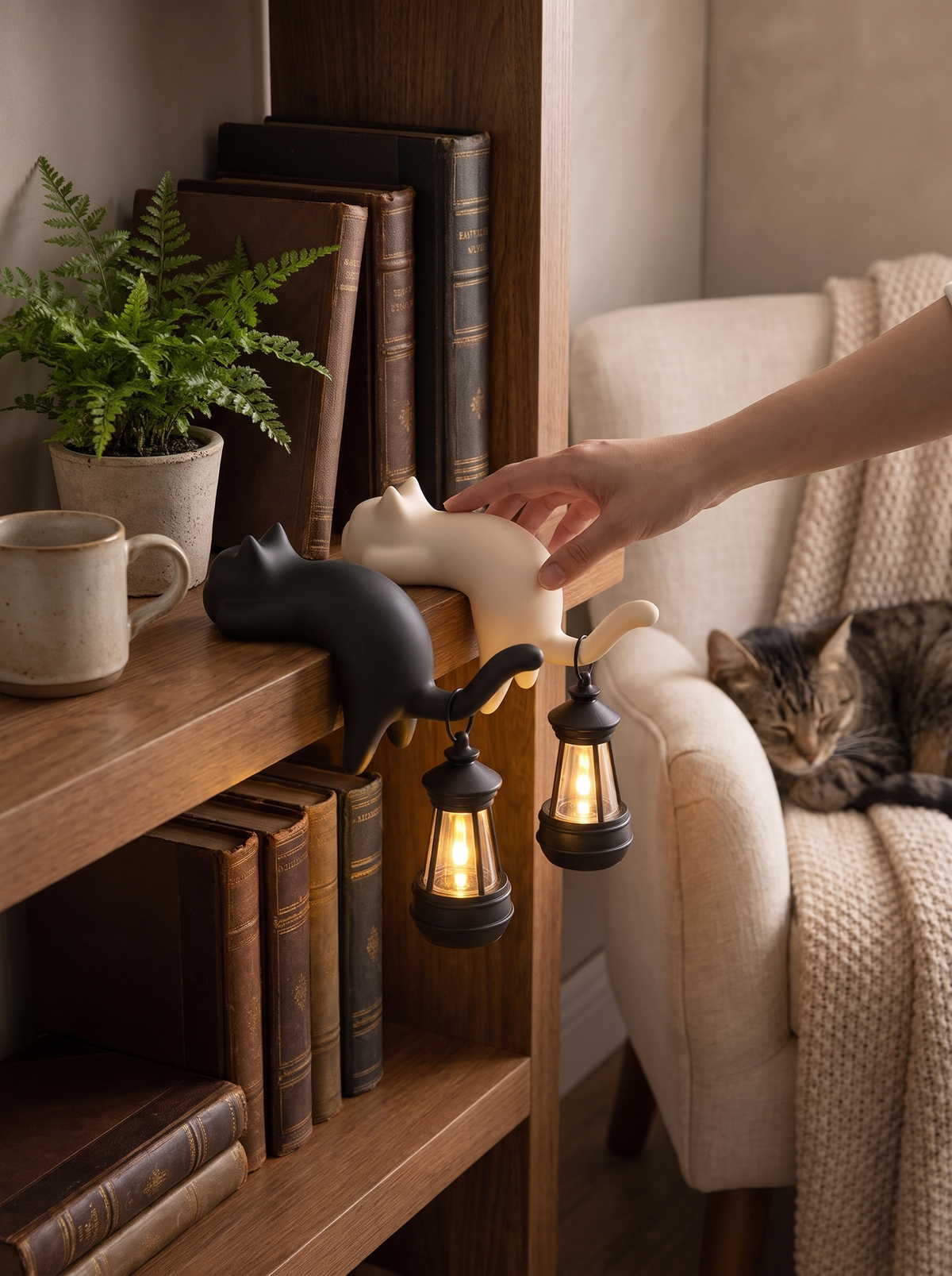 Soft ambient light from a shelf hanging cat lamp