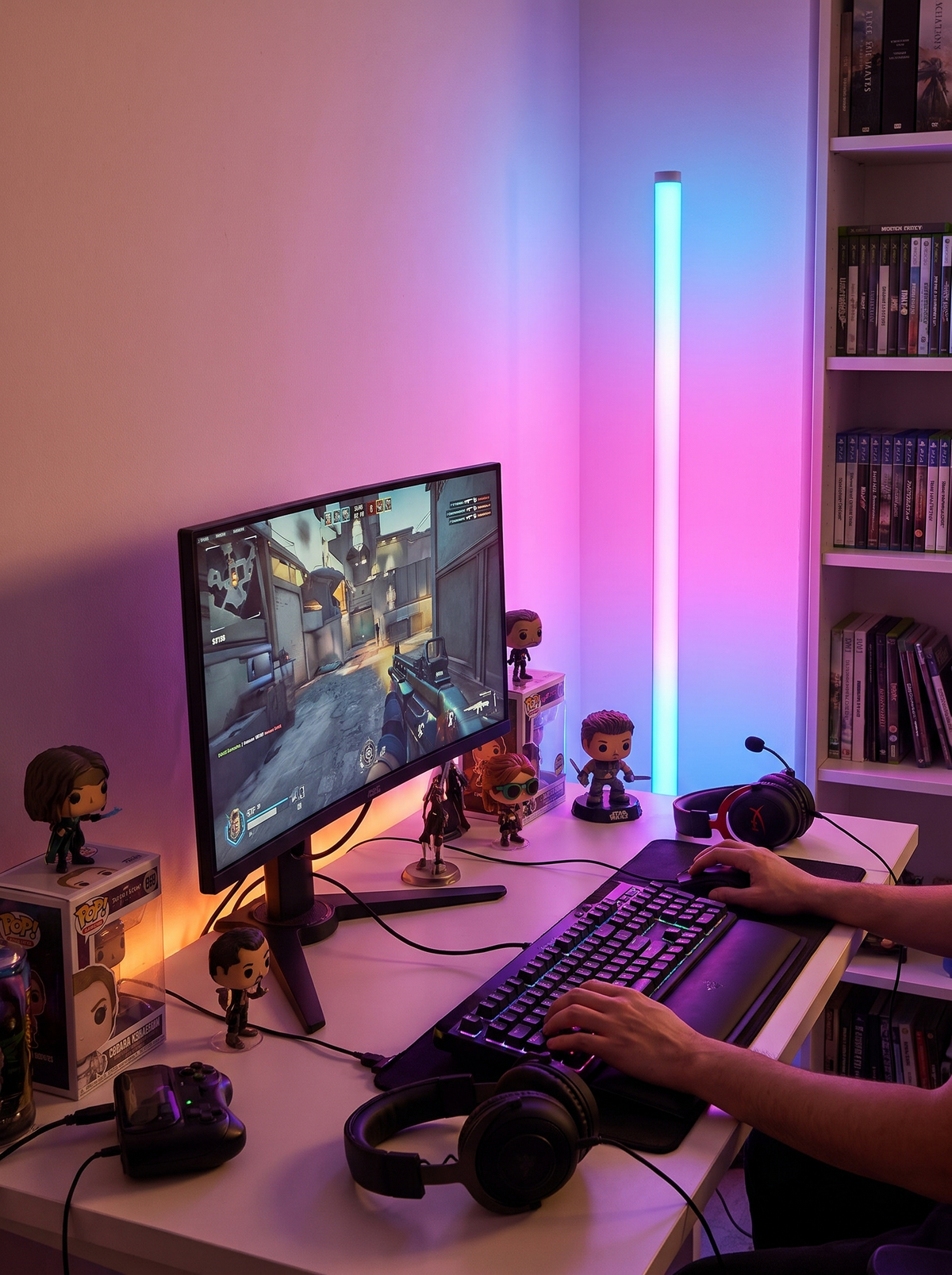 Tall RGB light bar energizing a gaming room