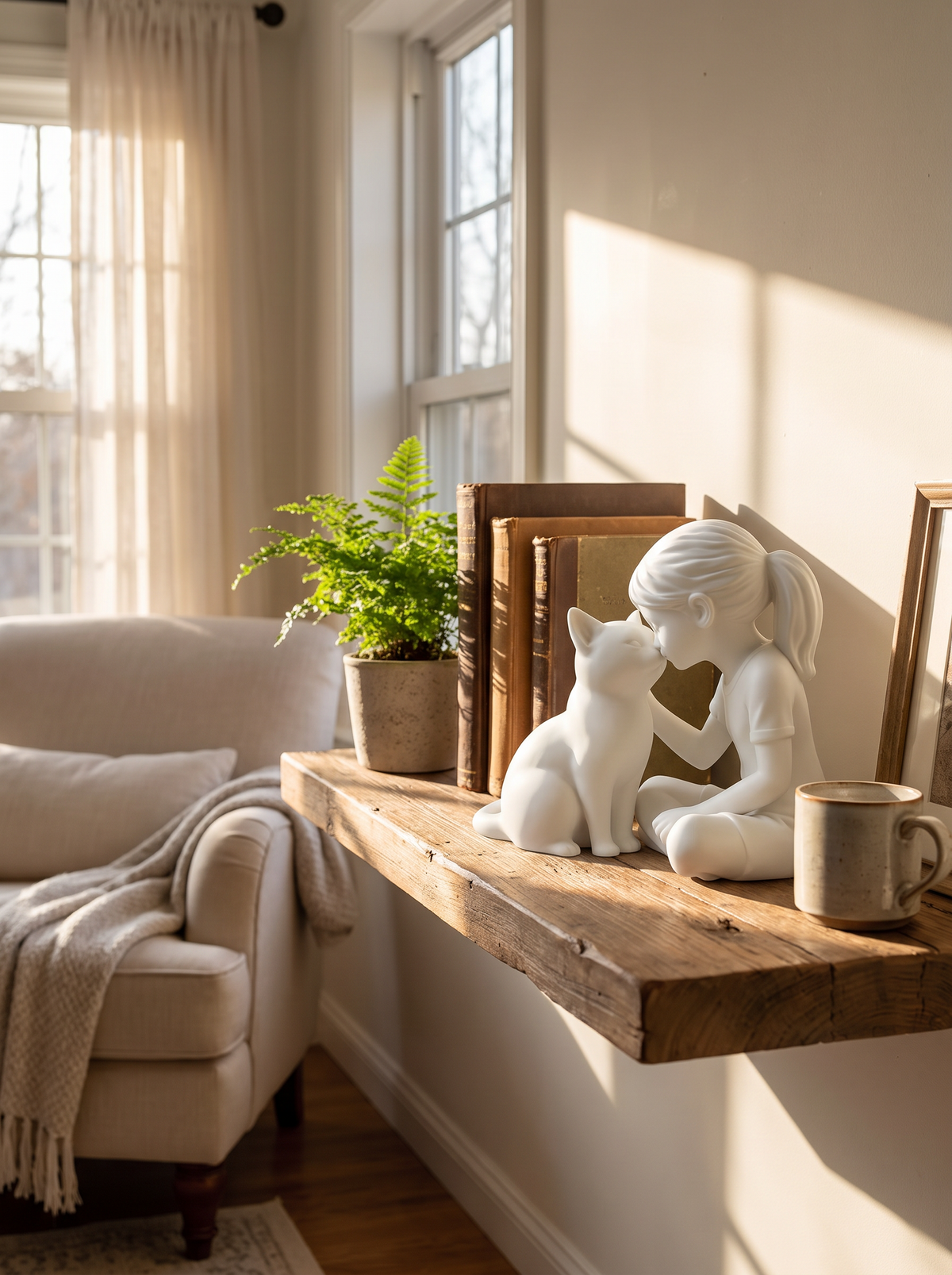 Sweet girl and cat sculpture as home decor