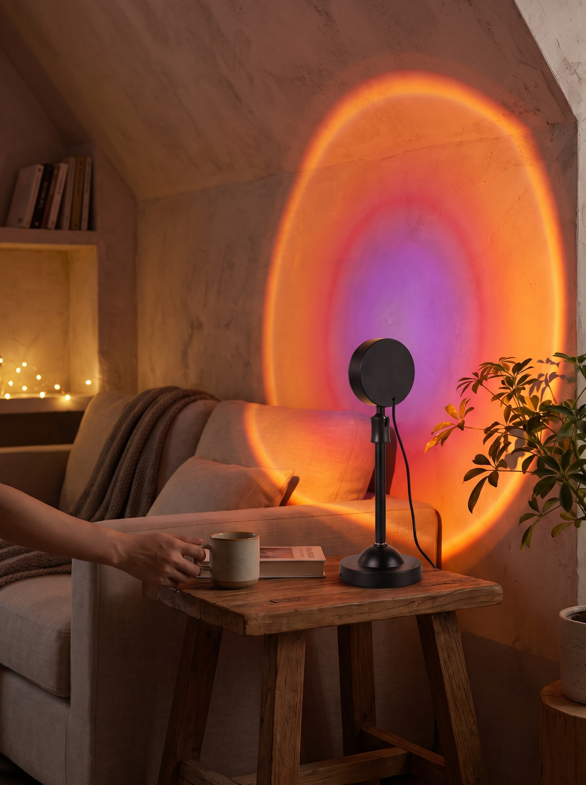 Compact black projection light on a shelf