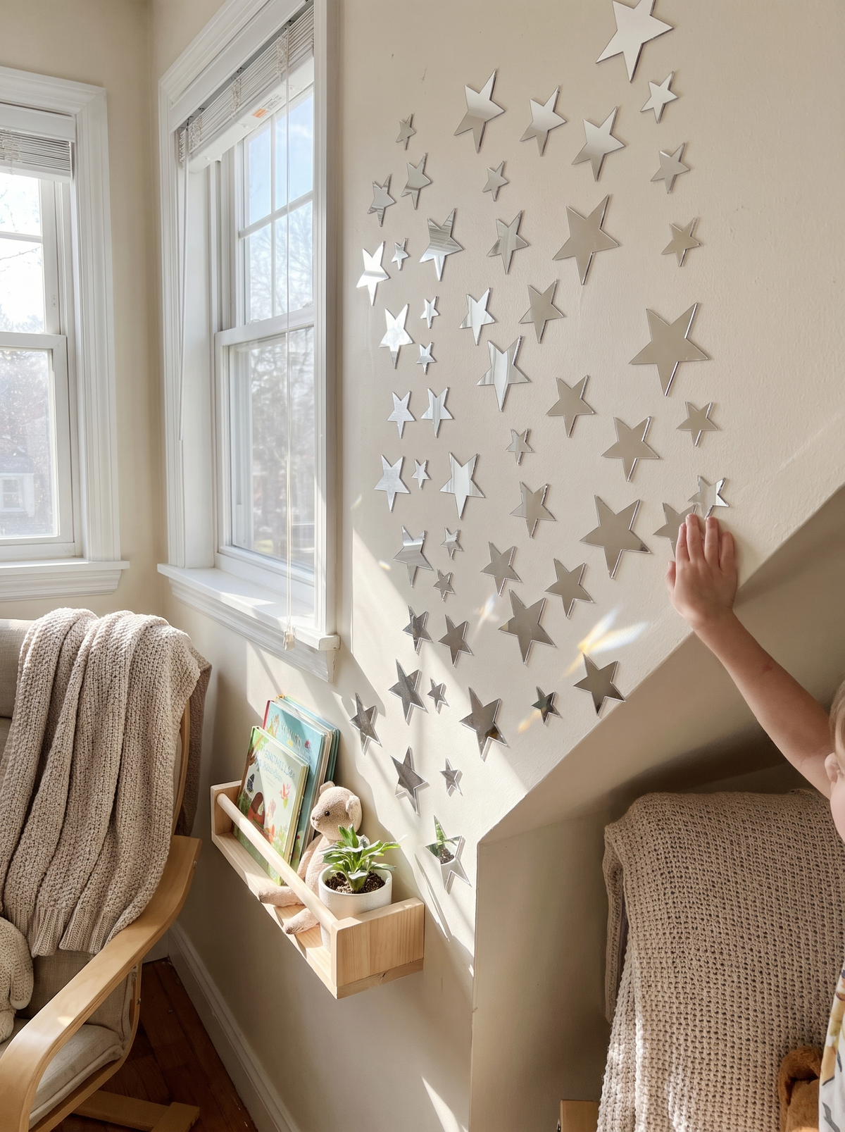 Mirror finish star decals catching window light