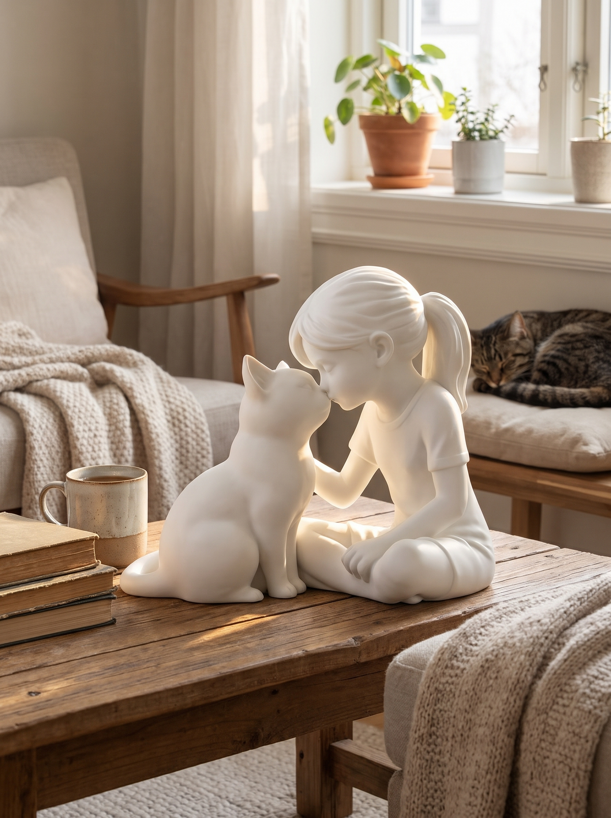 Girl and cat friendship figurine on a shelf