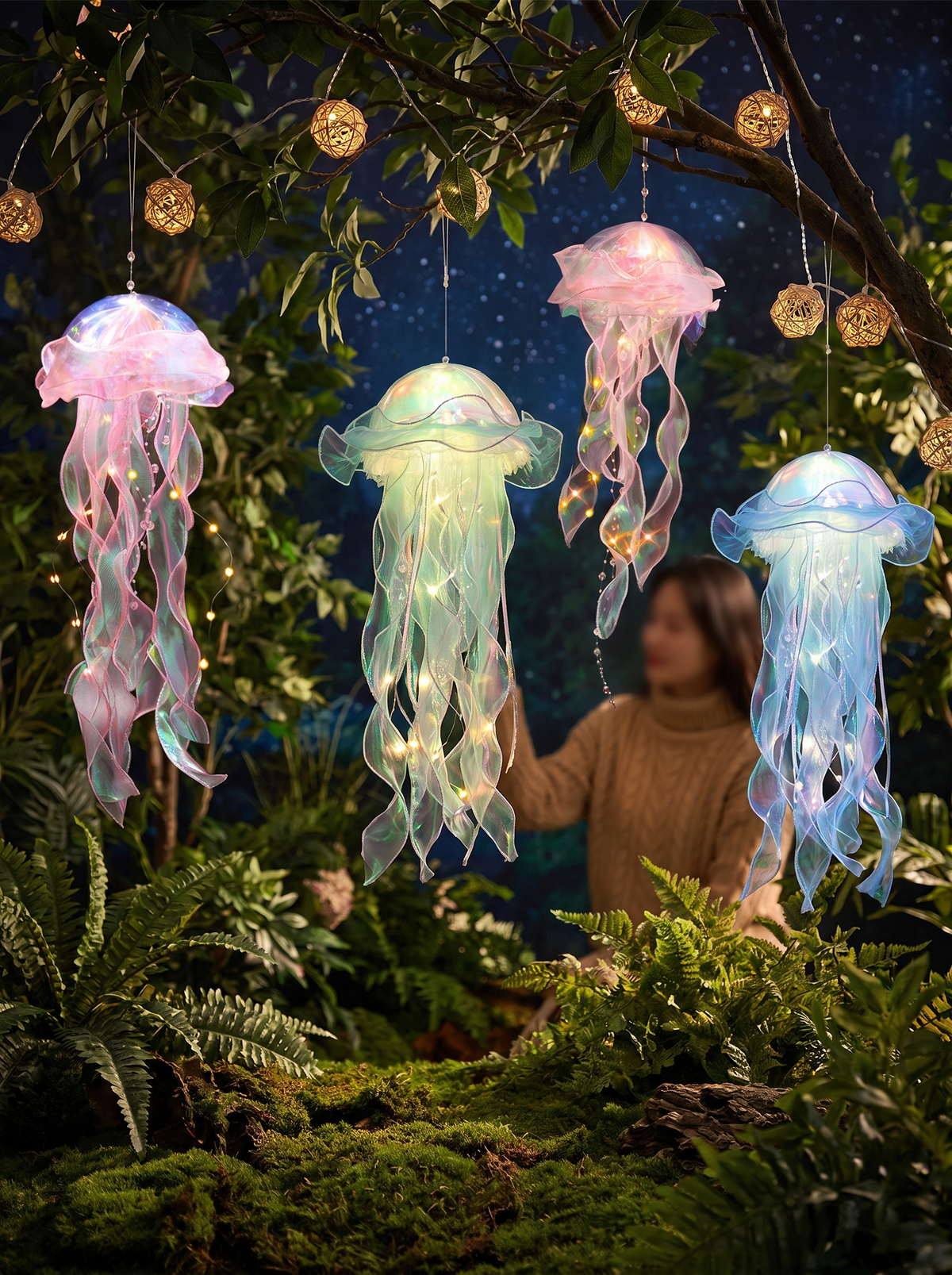 Glowing jellyfish lights with drifting tentacles