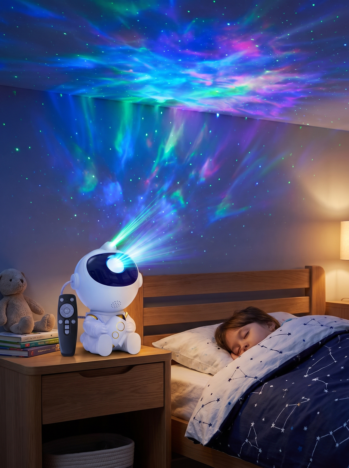Astronaut rocket galaxy projector at bedtime
