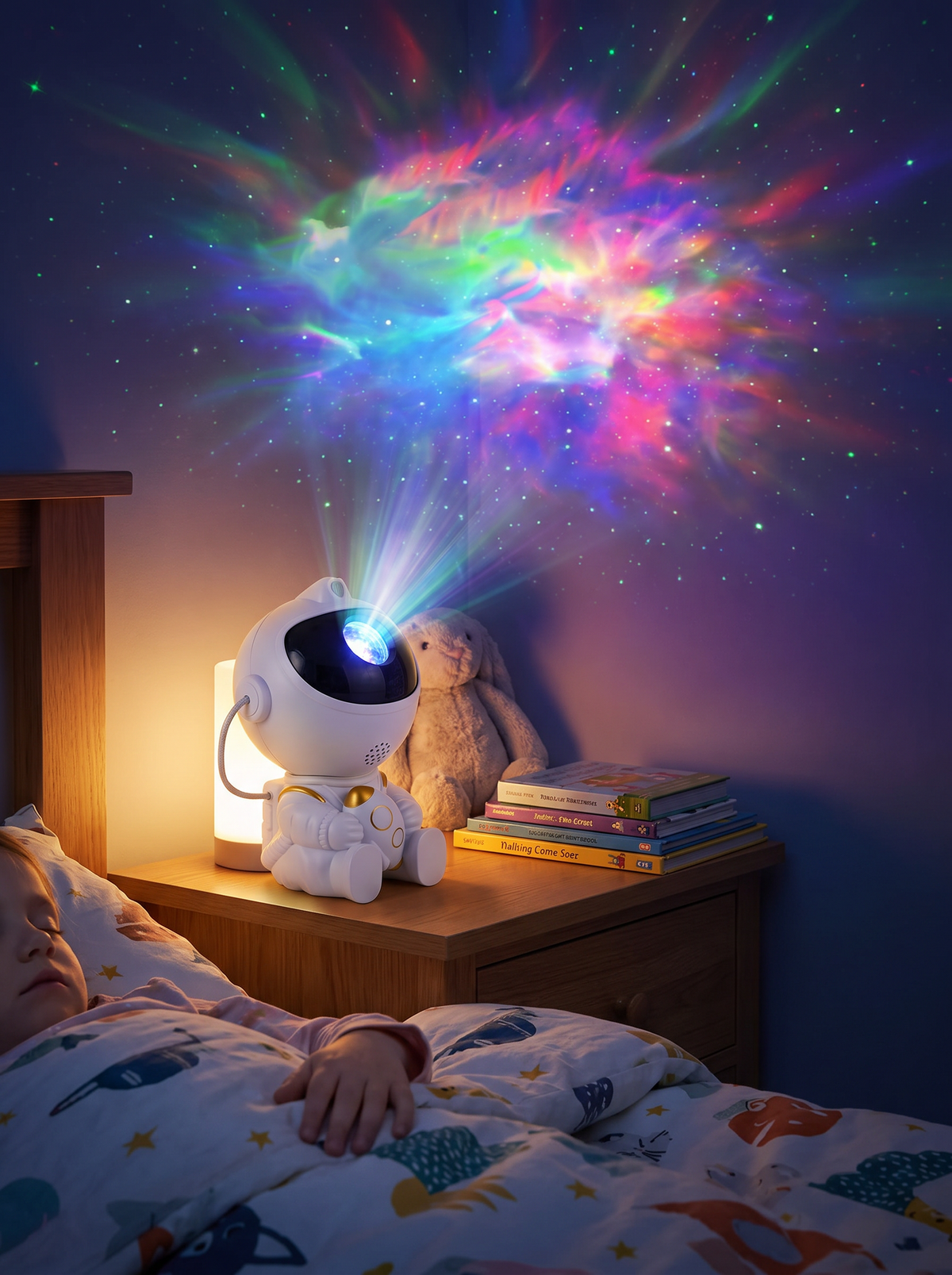 Swirling galaxy projection on a bedroom ceiling