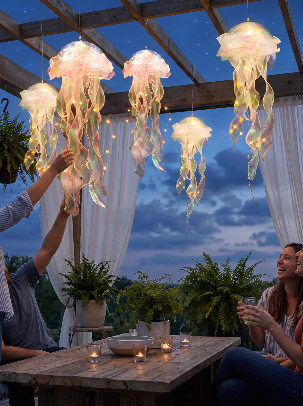 Hanging jellyfish night lights on a summer night