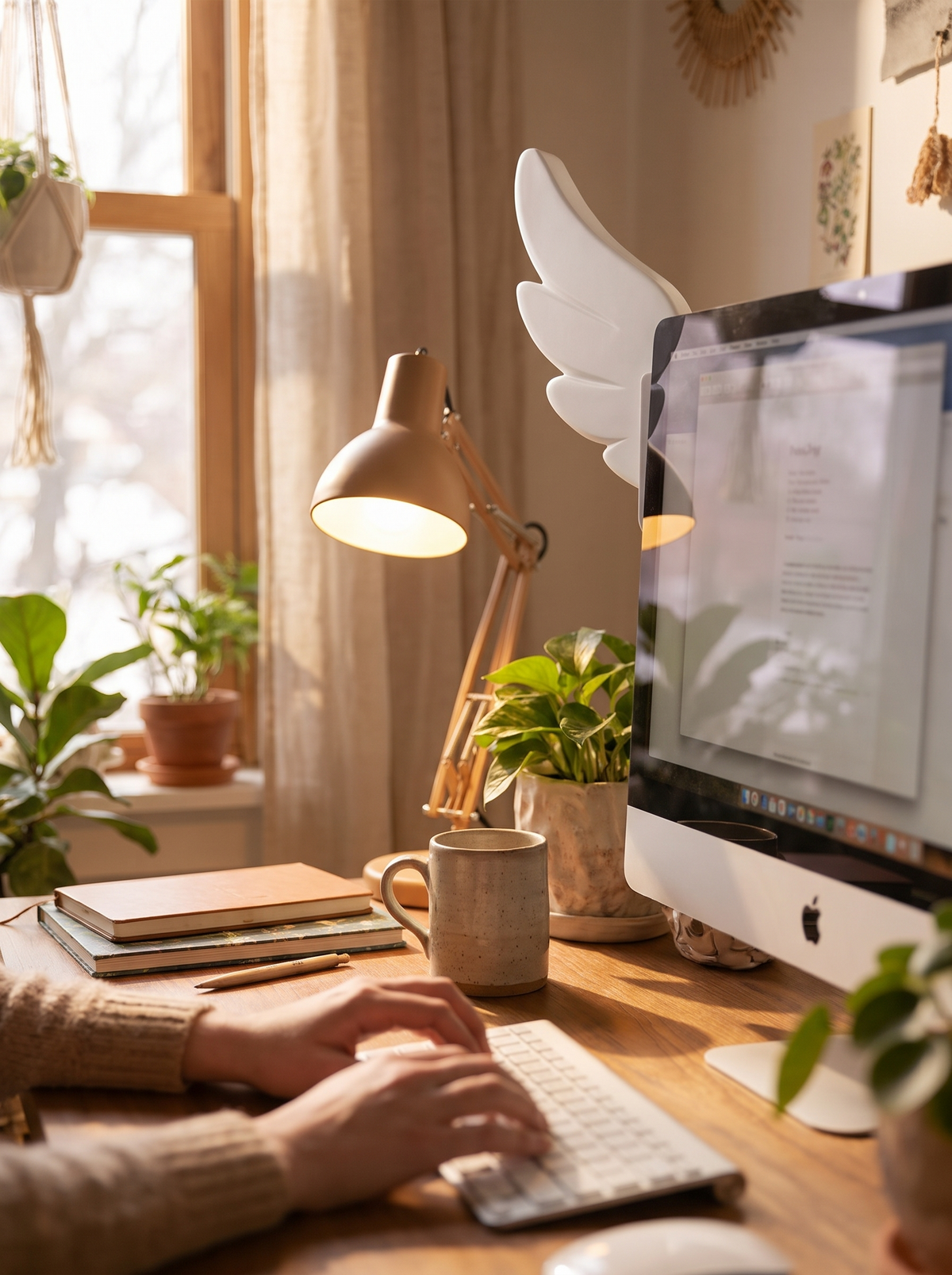 Whimsical wing monitor decor in a workspace