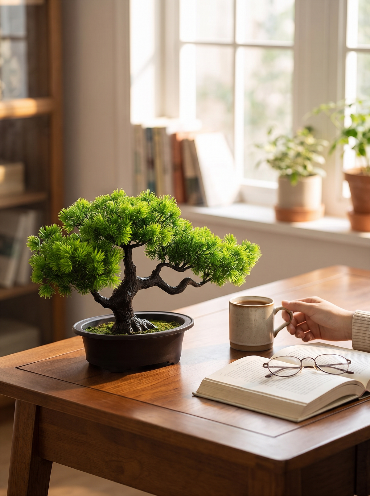 Artificial pine bonsai tree on a desk