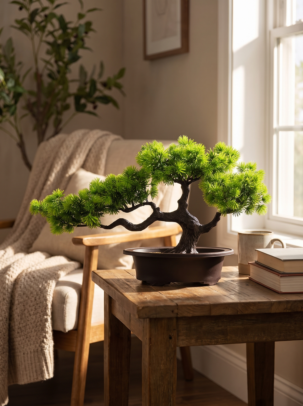 Lifelike needles on a faux pine bonsai