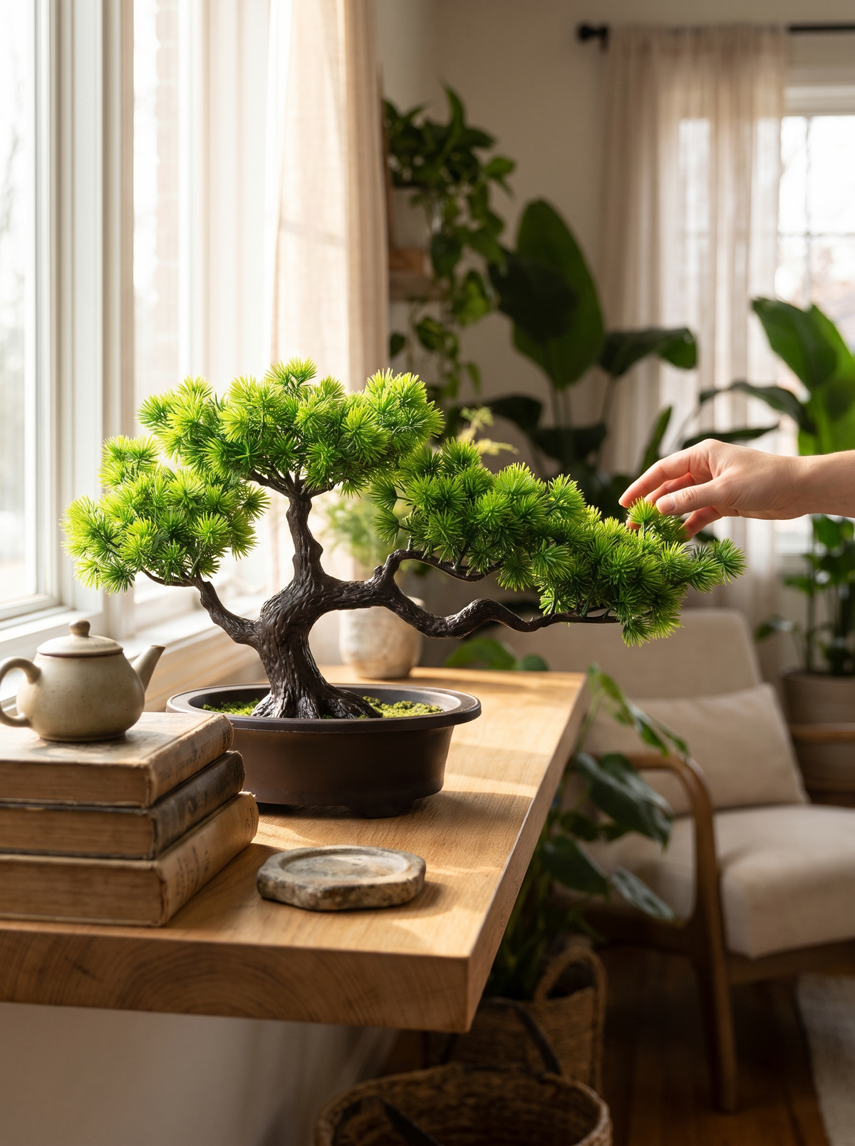 Zen bonsai decor on a shelf