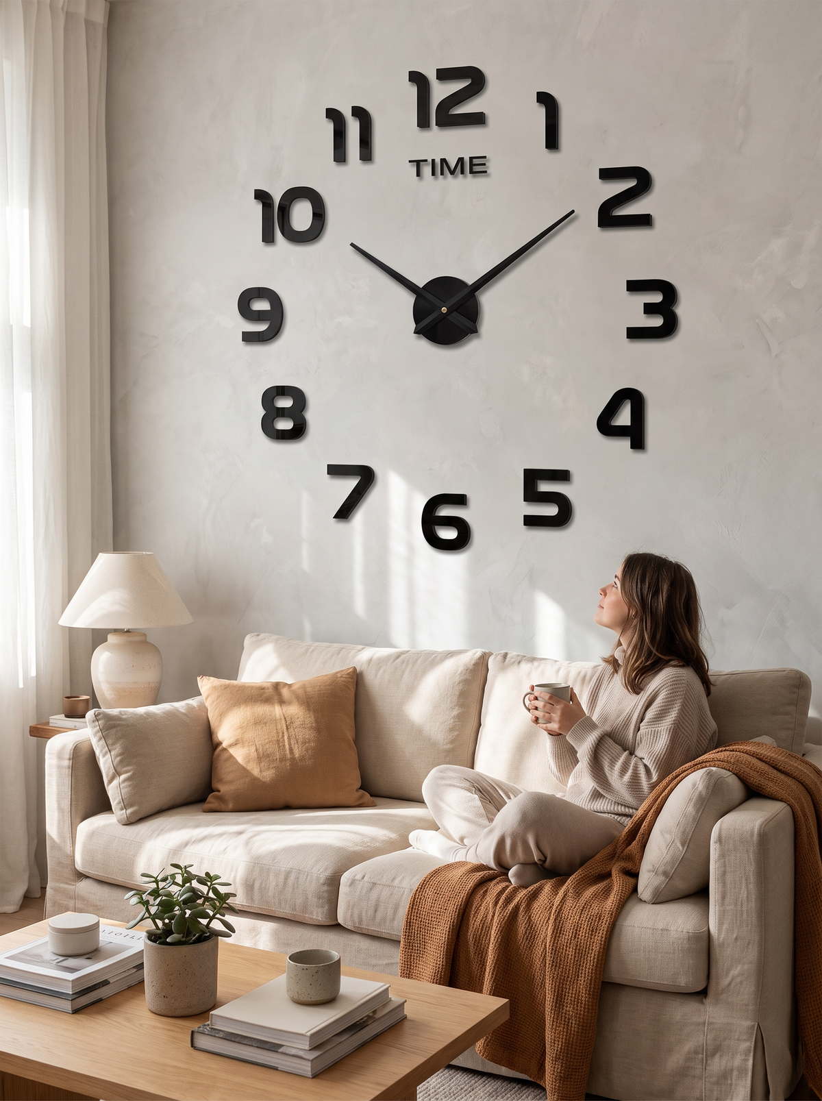 Large DIY wall sticker clock on a living room wall
