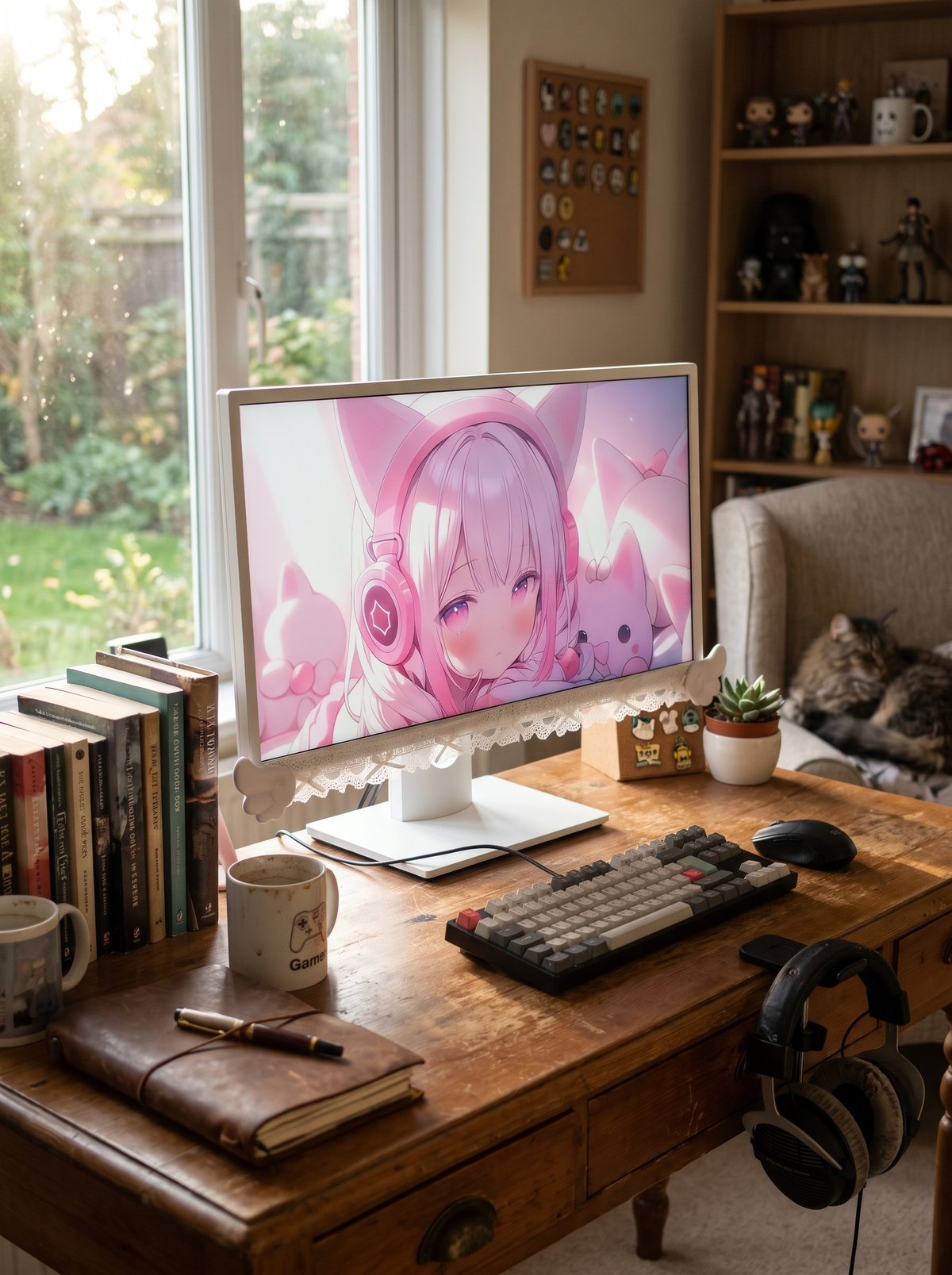 Elegant feminine desk with lace monitor frame