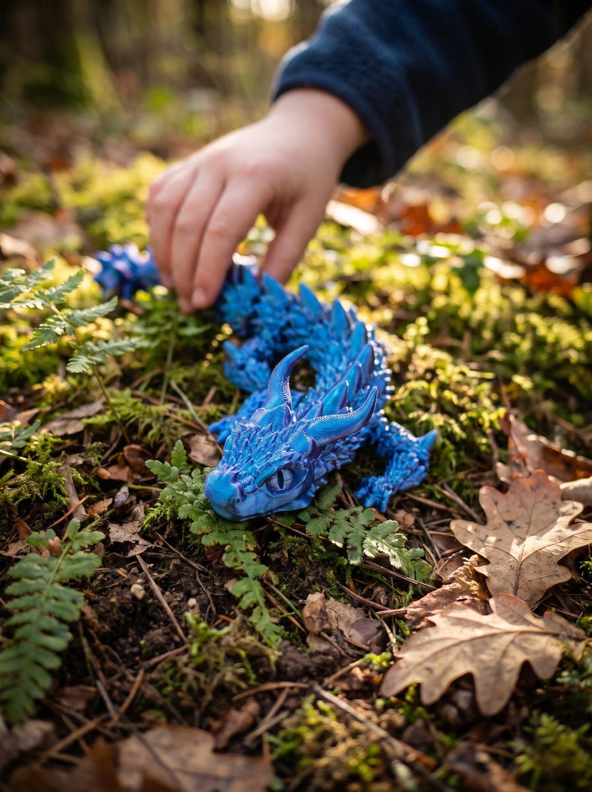 Articulated dragon fidget toy curling in a hand