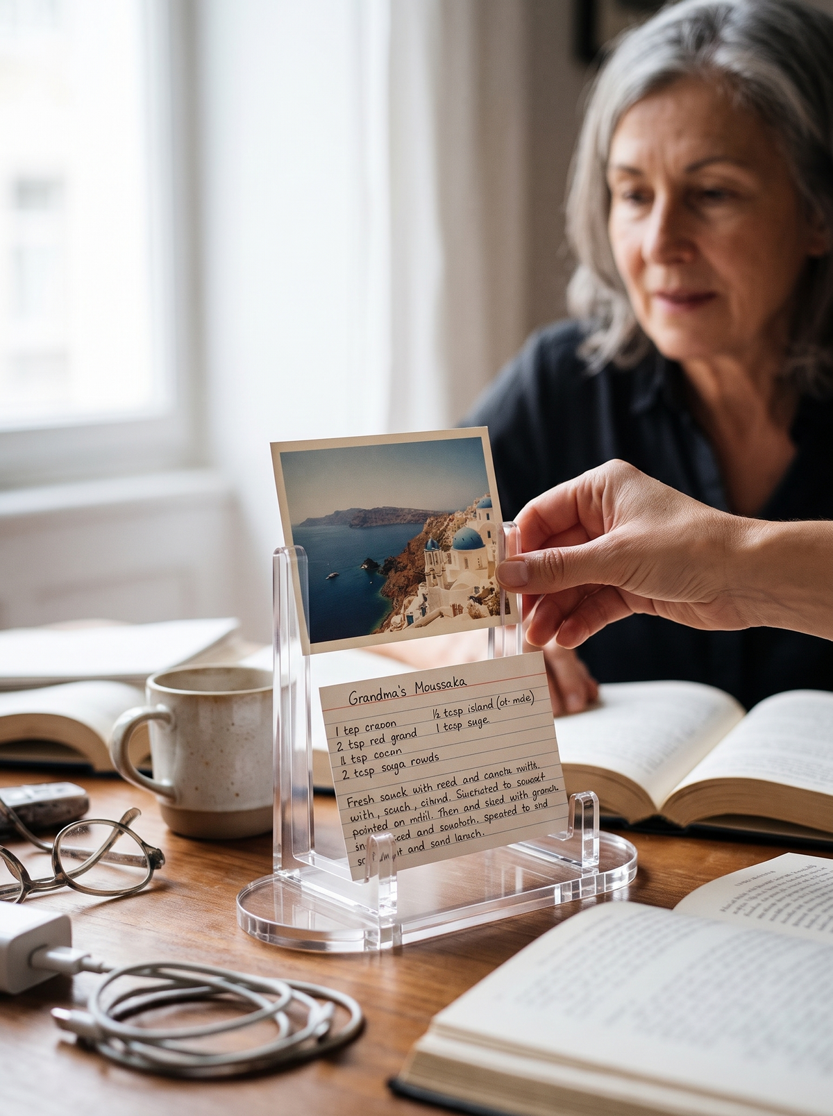 Clear acrylic easel holding a photo