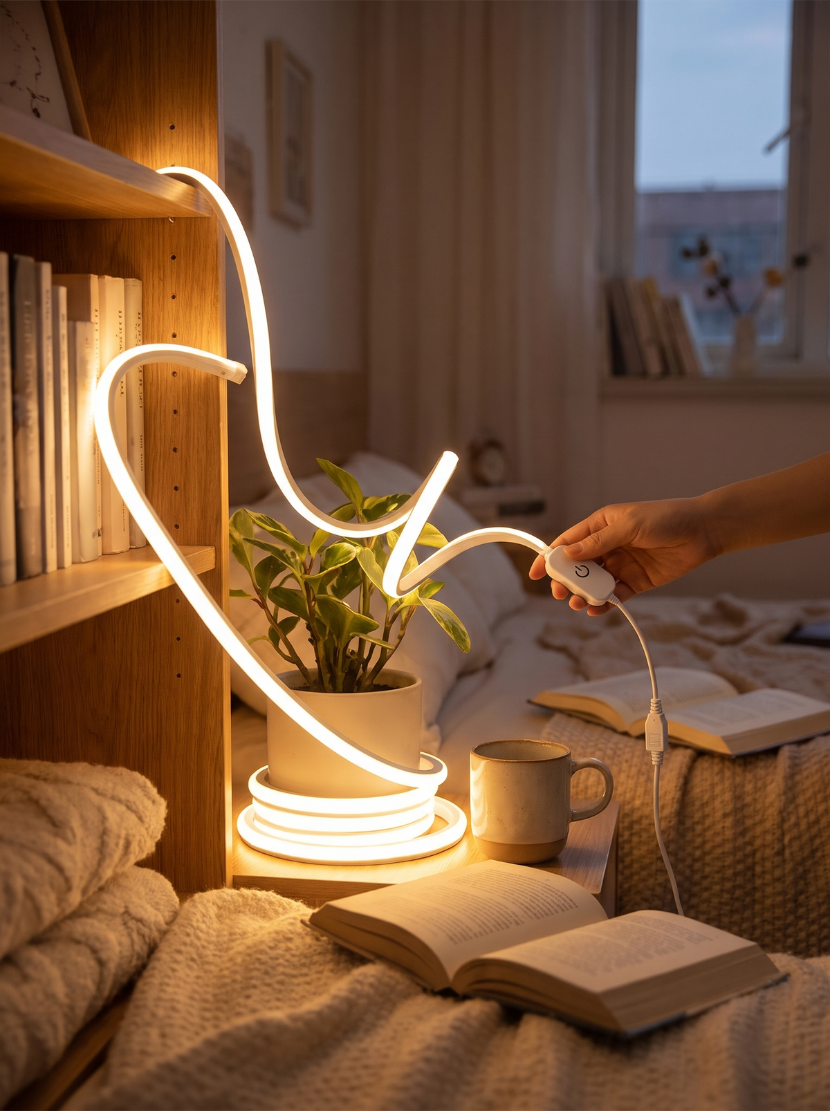 Flexible neon strip shaped along a wall