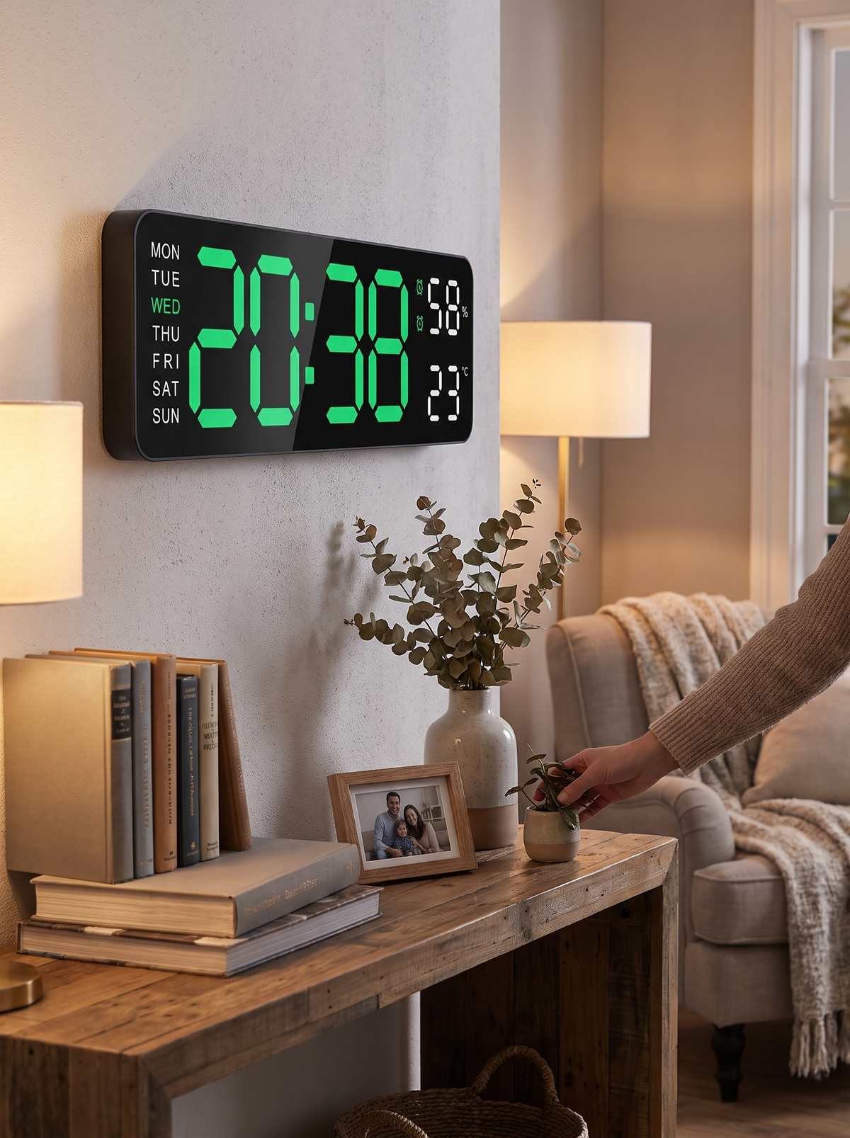 Large clear wall clock in an organized home